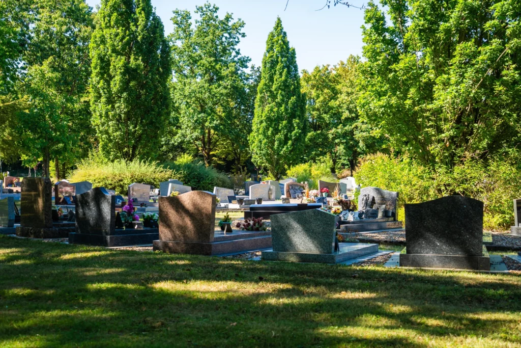 Alignement de tombes et stèles en granit dans un cimetière arboré.