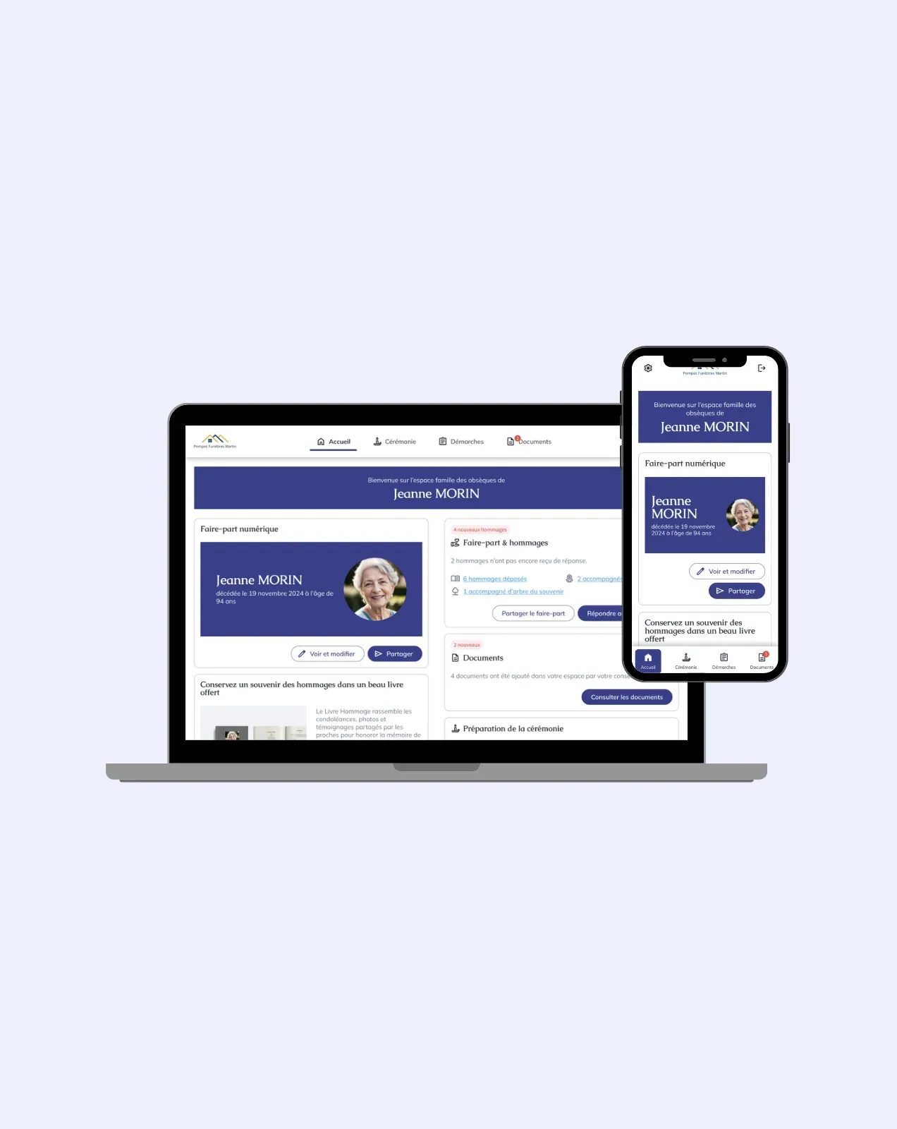 Interface de l'espace famille en ligne sur ordinateur portable et smartphone.