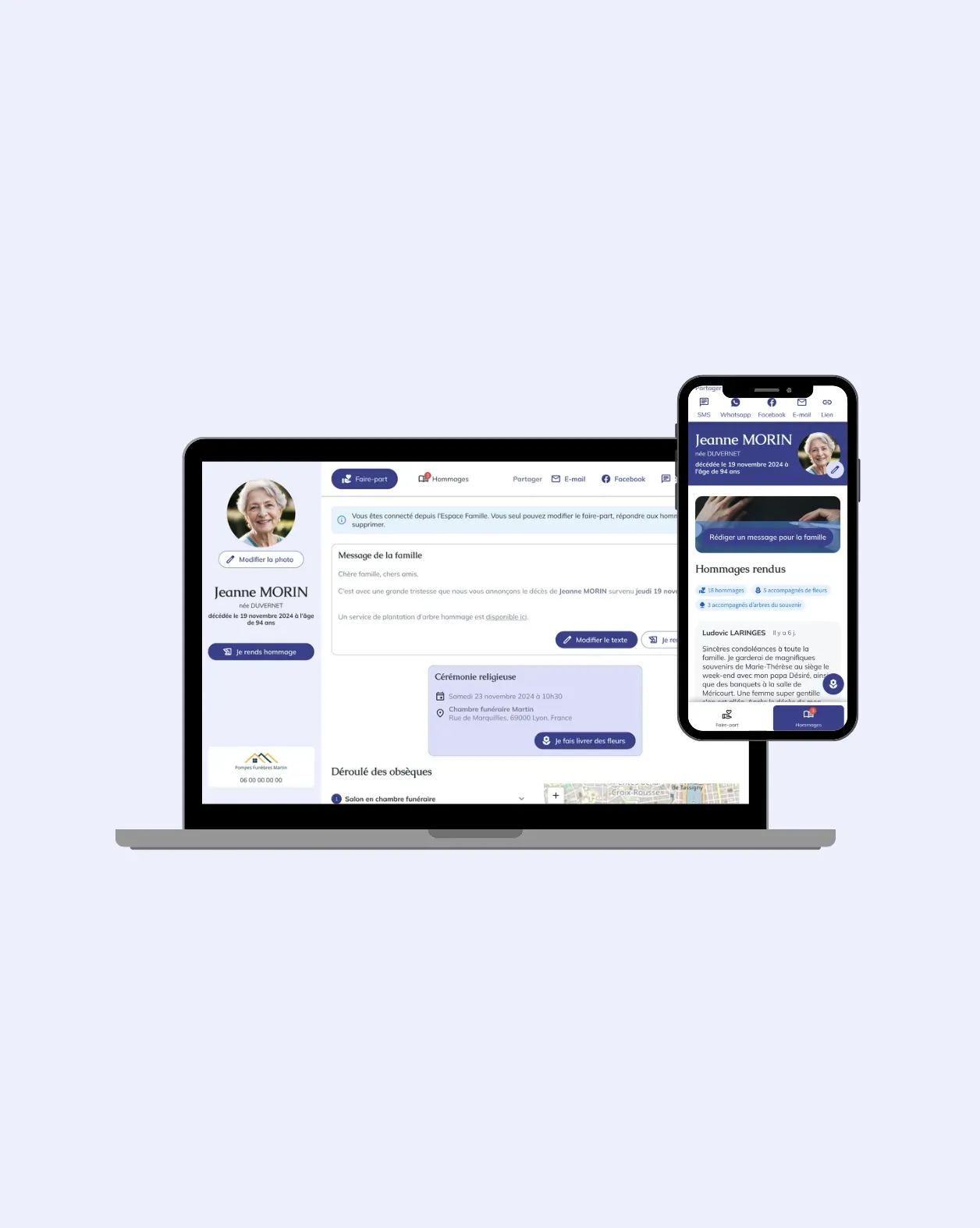Plateforme en ligne d'avis de décès et d'hommages funéraires sur ordinateur et mobile.