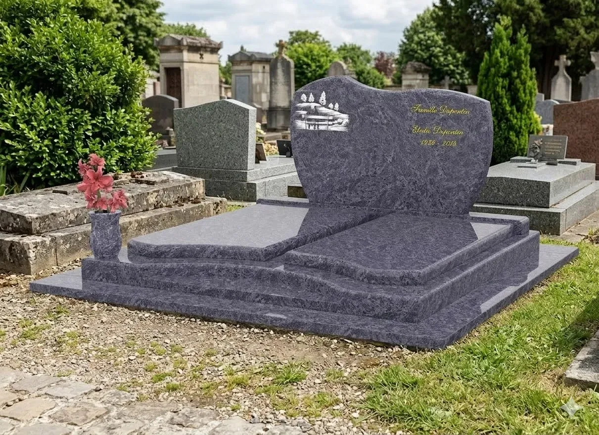 Monument funéraire double en granit bleu gravé avec stèle travaillée.