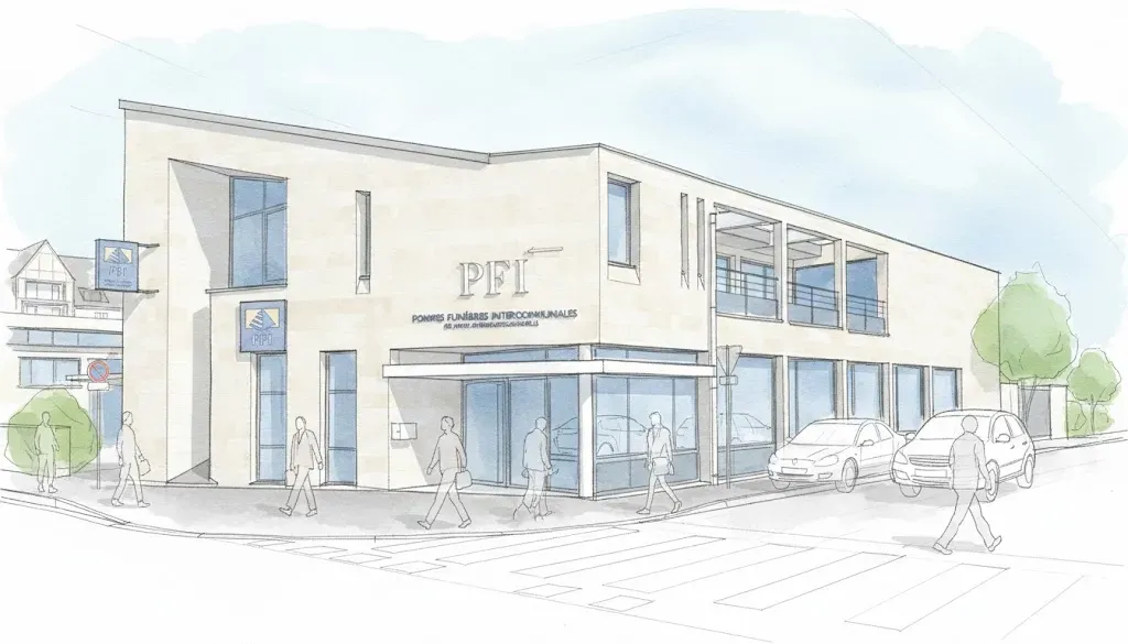 Croquis à l'encre et aquarelle de la façade de l'agence des Pompes Funèbres Intercommunales
